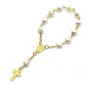 NEW White Rose‎ Pearls & Gold Cross Bracelet Rosary for Baptism/ Christen…